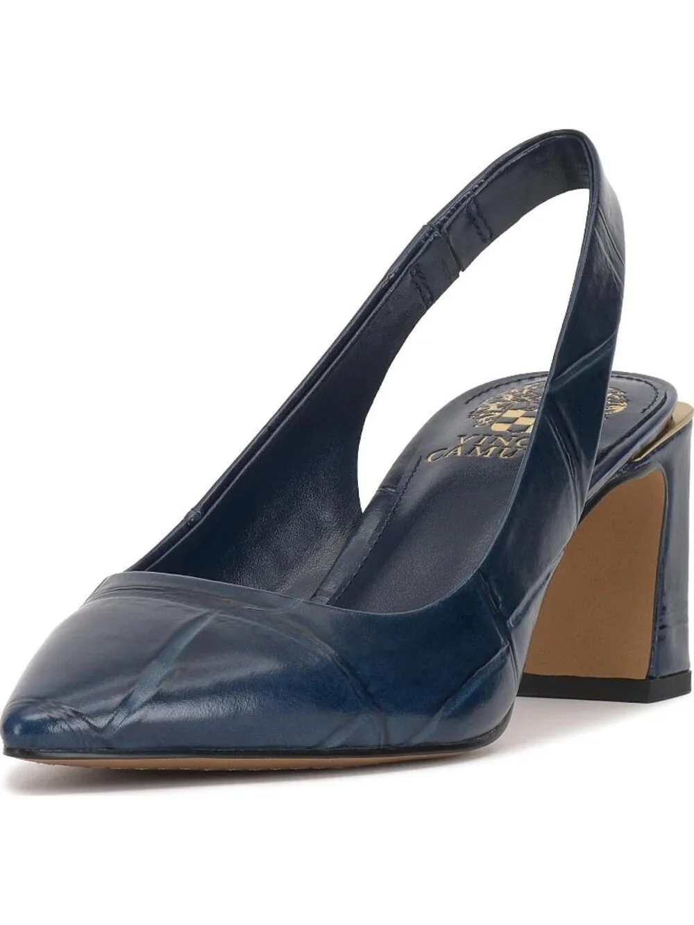 Women's Deep Navy Blue Croco Pointed Toe Hamden Slingback Pump Block Heel Shoes